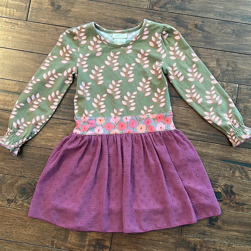 Matilda Jane dress, size 4. Green floral bodice with plum dress with overlay.